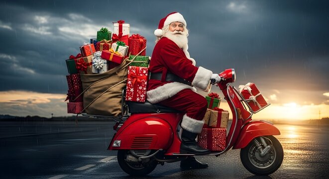 Santa claus riding a red scooter loaded with christmas gifts, delivering presents with a festive spirit - Powered by Adobe