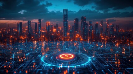 Fototapeta premium ‌Futuristic Urban Tech: Glowing Power Button on Blue Grid Skyline