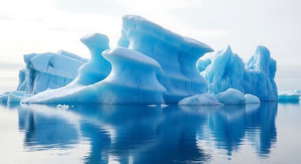 Majestic blue icebergs float serenely in calm, reflective water under a bright, overcast sky