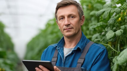 A focused male farmer using a tablet device while standing between lush green plants in a modern greenhouse environment, showcasing technology in agriculture