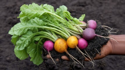 Freshly Harvested Colorful Radishes and Beets with Greens Held in Hand Above Dark Soil, Showcasing Organic Farming and Healthy Eating in Garden Setting