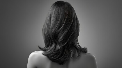 Elegant Dark Hair Portrait from the Back with Soft Waves Against a Gray Background Capturing the Essence of Beauty and Style in a Minimalist Composition