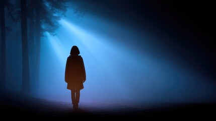 Mysterious Figure in Dark Forest with Ethereal Blue Light Beams Piercing Through Fog, Creating a Haunting Atmosphere of Solitude and Reflection