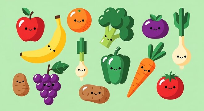 Cute Cartoon Fruits and Vegetables Collection on Green Background. - Powered by Adobe