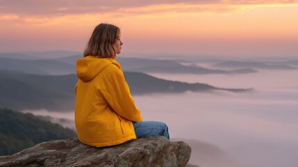 Serene Moment of Reflection at Sunrise with a Woman Dressed in Yellow Jacket on a Rock Overlooking Misty Mountains and Rolling Fog in Early Morning Light