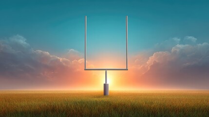 Scenic silhouette of a rugby goalpost against a vibrant sunset sky, with lush green grass in the foreground, evoking a sense of tranquility and sport spirit.