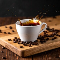 Close-up of coffee splashing out of a white cup on a wooden board