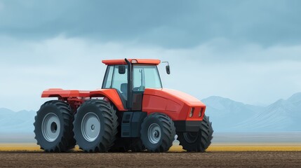 Fototapeta premium Vibrant Red Tractor on a Rural Landscape Under Dramatic Sky with Rolling Mountains in the Distance, Perfect for Agricultural Themes and Farming Concepts