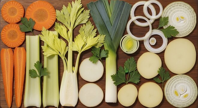 Freshly Prepared Vegetables for Cooking - Carrots, Celery, Leeks, and Onions.
