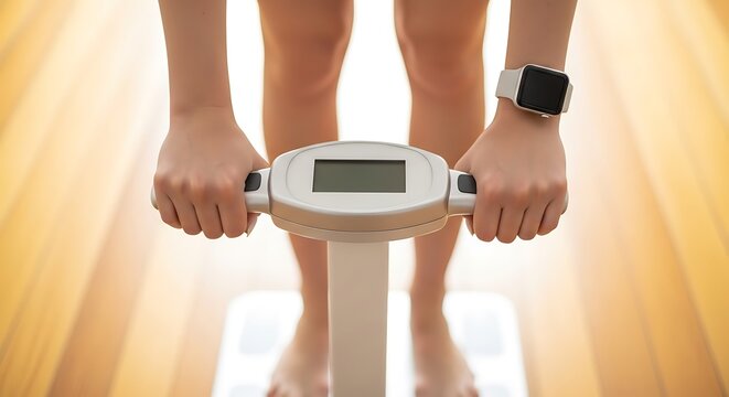 Person standing on a digital scale, checking weight with a smartwatch on wrist