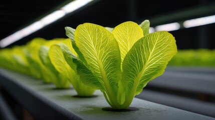 Fresh Green Lettuce Growing in a Modern Hydroponic Farm with Bright Neon Lighting and Lush Leaf Patterns Under Controlled Agriculture Environment
