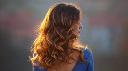 Beautiful Woman with Flowing Wavy Hair Backlit by Warm Sunset Light, Capturing a Serene Moment in Nature's Embrace with Soft Bokeh Background Effects