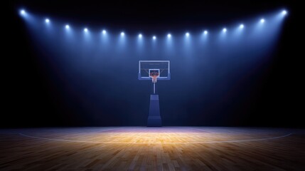 Dramatic Basketball Court Under Spotlight with Empty Hoop and Wooden Floor in an Indoor Arena Setting for Sports and Fitness Themes