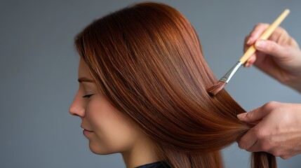 Professional Stylist Applying Hair Color on a Woman with Long, Silky, Glossy Hair in a Beauty Salon Setting for Hair Care and Hairdressing Services