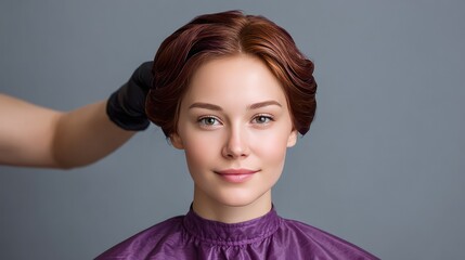 Professional hairstyling session with a young woman showcasing elegant vintage hairstyle and subtle makeup in a salon environment on a gray background