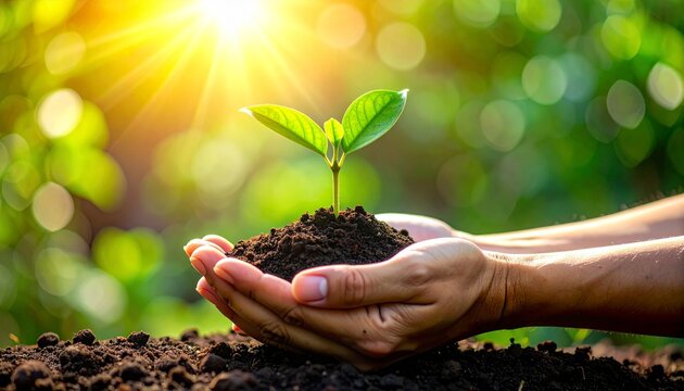 Close-up of hands holding a young plant in fertile soil with a bright sun flare and green bokeh background.
