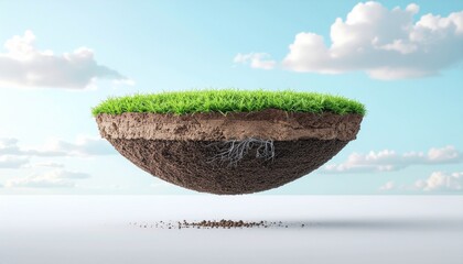Floating Island with Green Grass and Soil Layers Against a Cloudy Sky