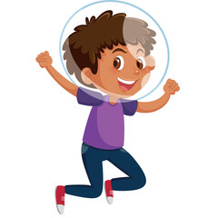 Joyful young boy in purple shirt blue jeans and red sneakers jumping with arms raised wearing a transparent bubble helmet with a smiling expression and excitement on his face