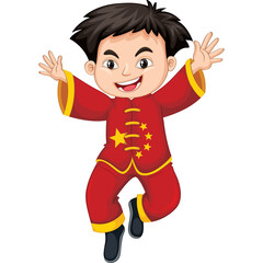 Joyful Young Boy In Traditional Red Chinese Outfit With Golden Stars And Trim Joyfully Jumping With Arms Raised On A White Background