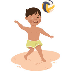 Joyful Young Boy Playing Volleyball on a Sandy Beach Under Bright Sunlight Wearing Yellow Swim Trunks with Transparent Background