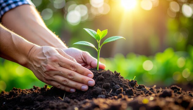 Hands gently planting a young green seedling in rich soil under warm sunlight - Powered by Adobe