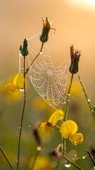 Close-up of dewy spiderweb glistening between green stems of wild flowers, bathed in soft, golden sunlight