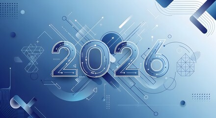 Futuristic 2026 design with geometric shapes and blue color scheme.