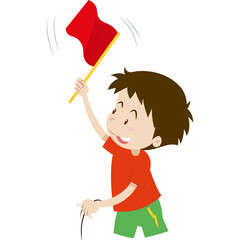 Joyful Young Boy Waving a Red Flag Enthusiastically Outdoors Under Bright Daytime Lighting He Wears a Red T Shirt and Green Shorts in a Cheerful Pose