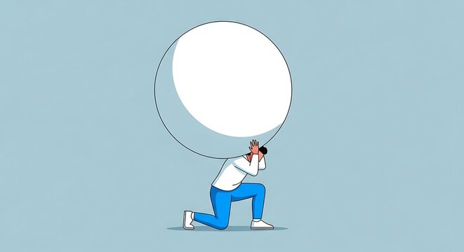 Illustration of a person kneeling and holding a large white sphere above their head, symbolizing burden or responsibility