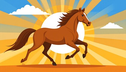 Cartoon illustration of a running brown horse in front of a radiant sun, with blue sky and floating white clouds
