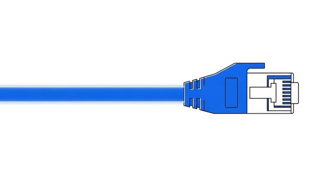 Closeup of a blue ethernet network cable with its connector isolated on a white background