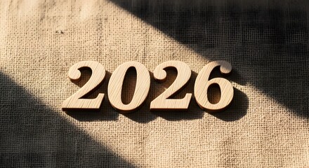 The year 2026 depicted with wooden numbers resting on a textured burlap background, illuminated by a strong diagonal sunbeam.