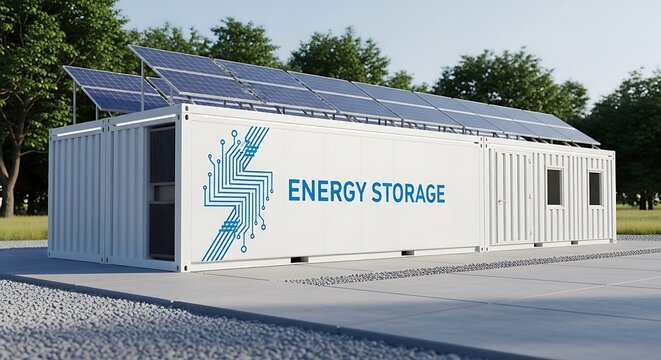 A modern energy storage container unit with solar panels on top, labeled energy storage