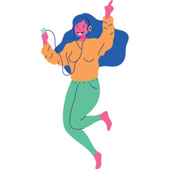 Joyful woman with blue hair wearing headphones and orange sweater dancing with music player on white background energetic movement and vibrant colors
