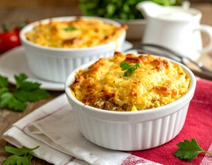 Baked pasta with cheese in white ramekins, garnished, with side of tomatoes and cream
