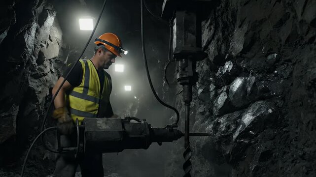 Coal Miner Working with Drill Rig in Dark Underground Mine Tunnel