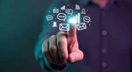 Engage your audience, glowing social media icons, hand touching virtual interface