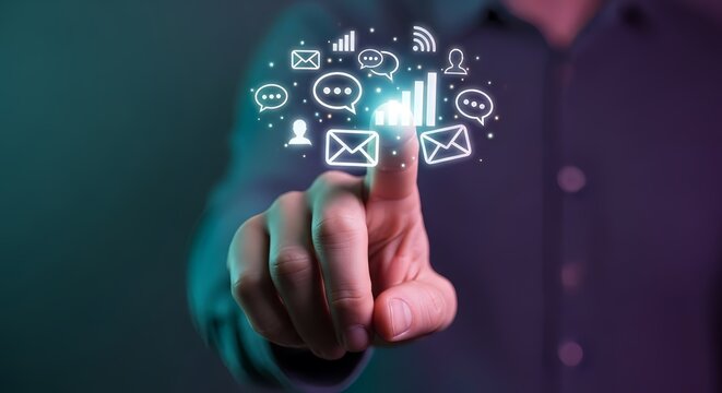 Engage your audience, glowing social media icons, hand touching virtual interface