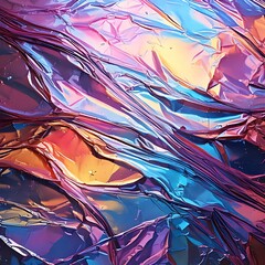 Abstract close-up of crumpled, iridescent foil reflecting vibrant colors and light.