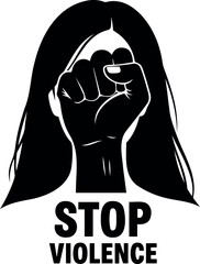 Vector illustration of a woman with long hair and a raised fist with the text stop violence below her