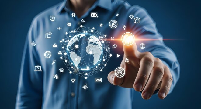 Global business network connection with touch of a finger showing technology solution