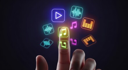 Tap into vibrant music streaming neon icons with modern digital interface design