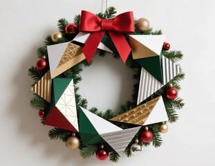 Geometric Christmas Wreath with Red Bow and Ornaments