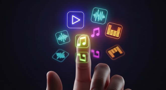 Tap into vibrant music streaming neon icons with modern digital interface design