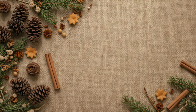 Rustic winter flat lay with spices, cinnamon sticks, star anise, and blank canvas background.