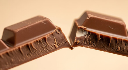 A close-up macro photograph of a snapped milk chocolate bar, revealing its detailed internal texture.