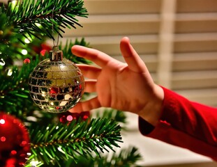 Child Hand Reaching for Golden Christmas Decoration Ornament