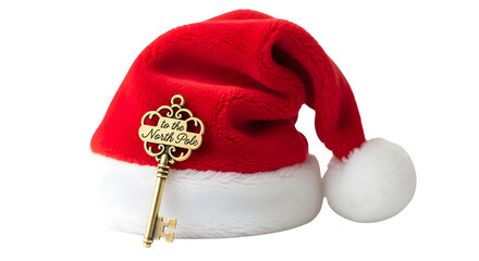 A santa hat with a key to the north pole isolated on transparent background, symbolizing holiday magic and christmas wonder