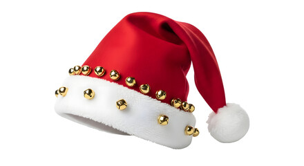 Festive santa hat with golden bells isolated on transparent background, a symbol of christmas and new year celebrations