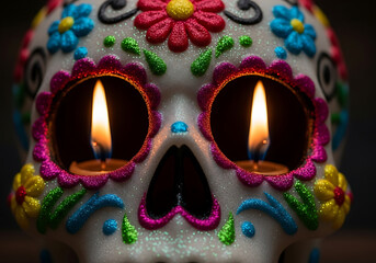 A traditional day of the dead sugar skull decorated with colorful floral patterns and lit candles inside the eye sockets, creating a festive and symbolic representation